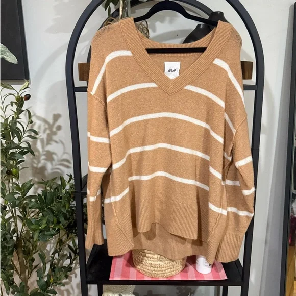 Aerie V-Neck Sweater - Brown and White Stripes size small - Picture 2 of 7